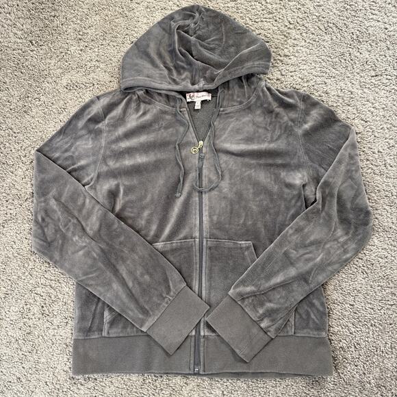Juicy Couture Y2K Velour Track Suit Jacket L Gray Rhinestone Crown Bling Zip Up - Picture 1 of 6
